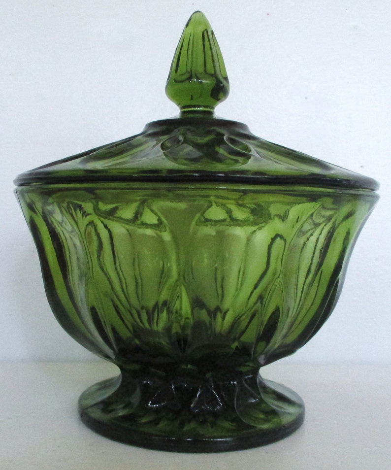 Vintage Green Glass Pedestal Bowl With Lidgreen Etsy