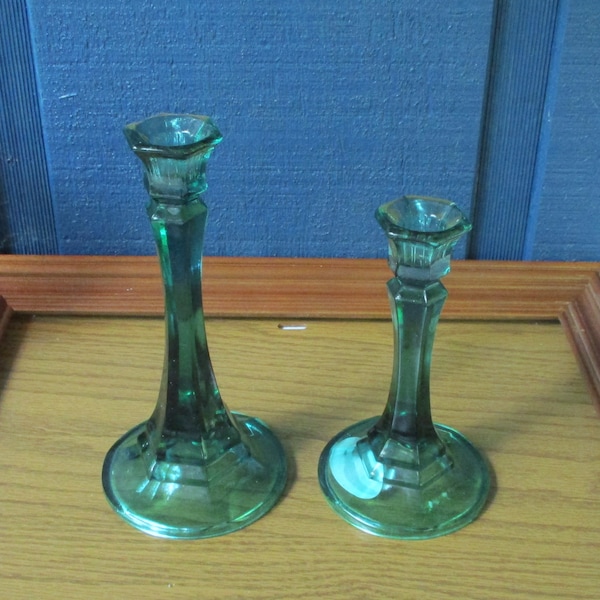 Vintage 2 Evergreen Glass Candlesticks,Taper Candle Holders/7.25",6" H/Made in USA by Indiana Glass