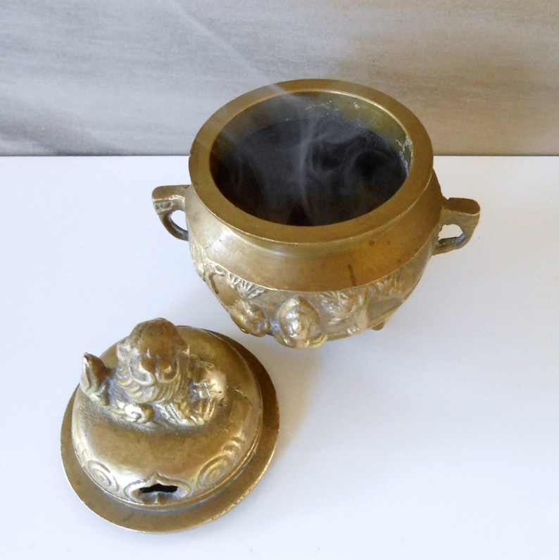 Vintage Engrave Brass Incense Burner with Foo Dog,Footed Brass Incense Burner Heavy brass Incense Holder,Potpourri Scents Pot,4Tall
