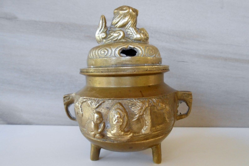 Vintage Engrave Brass Incense Burner with Foo Dog,Footed Brass Incense Burner Heavy brass Incense Holder,Potpourri Scents Pot,4Tall