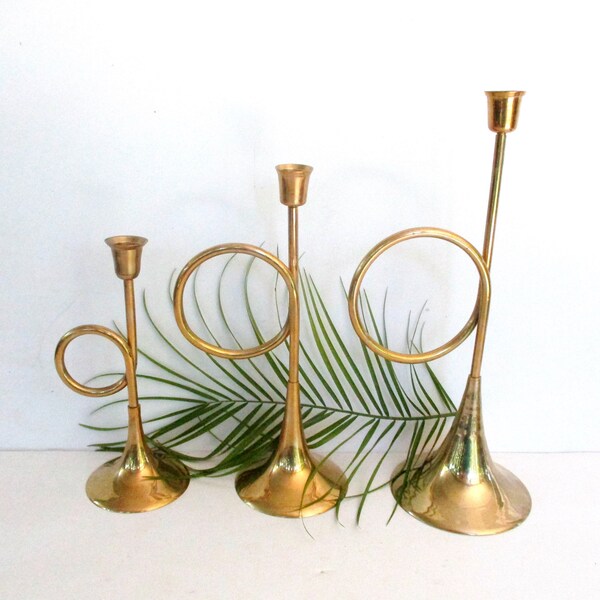 Brass Candlesticks,Vintage Trumpet Shape Solid Brass Candle Holders,Set of 3 Graduated Brass Candlesticks,Made by Hosley