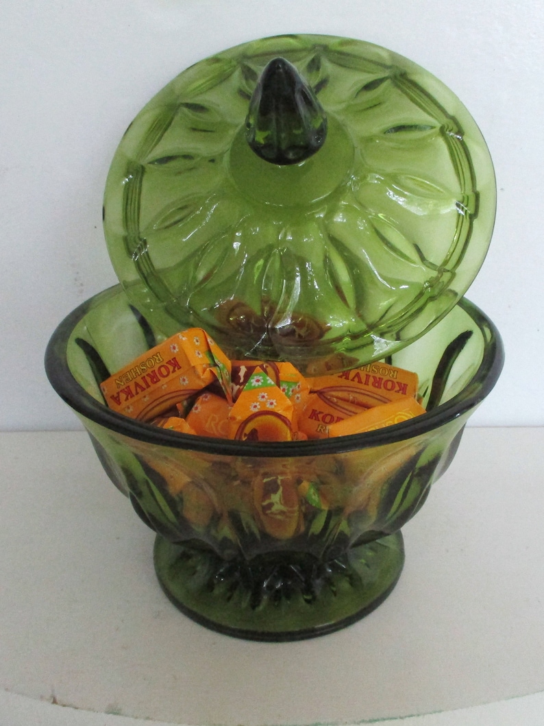 Vintage Green Glass Pedestal Bowl With Lidgreen Etsy