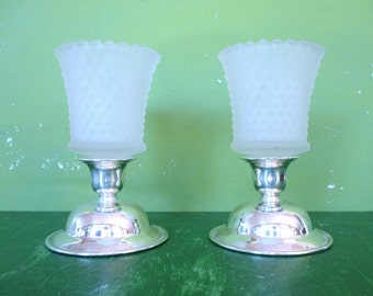 Candle Holders,WMA Rogers Silver Plated Candlesticks with Milk Glass Cups,Set of 2 Glass on Silver plate Candle Holders