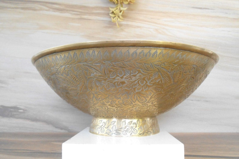 Vintage Brass Pedestal BowlLarge Brass Bowl Etched Floral Etsy