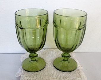 Vintage Green Glass 2 Goblets 14 oz Libbey Duratuff Gibraltar Beverages Glasses,Water Glasses Made in USA