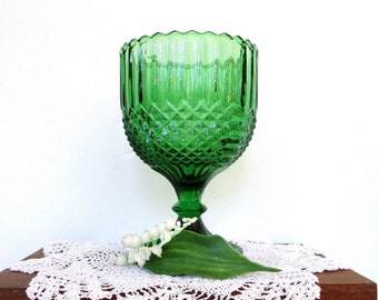 Vintage Green Glass Goblet, Emerald Green Diamond Point Ribbed 14 oz Beverages Glass,Bar Decor,