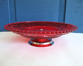 Vintage 8.25"D Red Glass on Metal Pedestal Cake Stand,Round Cookies,Snacks Plate 2.5"H