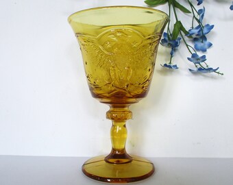 Vintage Yellow Glass Goblet with Embossed American Eagle,8 oz Wine Goblet,Beverages Glass/6.25" H/