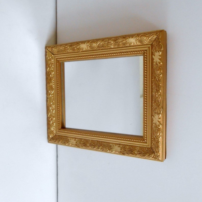 Vintage Wall Hanging Mirror Small Wood Frame Gold Leaf Ornate Rectangale 6 1 4 F 5