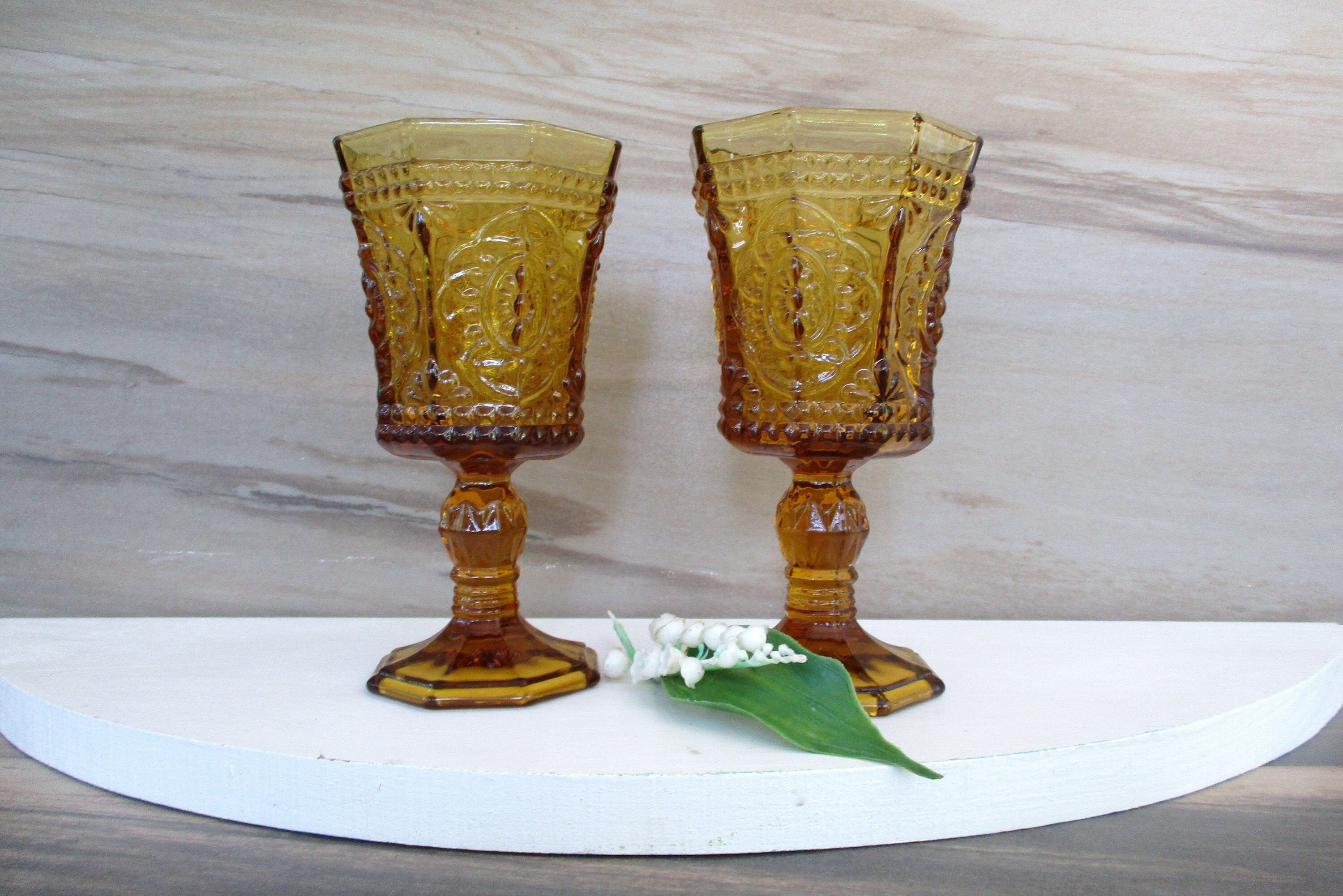 Vintage Yellow Glass Goblets2 Octagonal Shape Depression Etsy