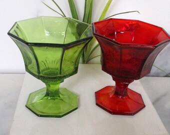 Vintage 2 Green and Red Ruby Liquor Goblets,4oz Octagonal Base Glasses by Independence /4" tall/