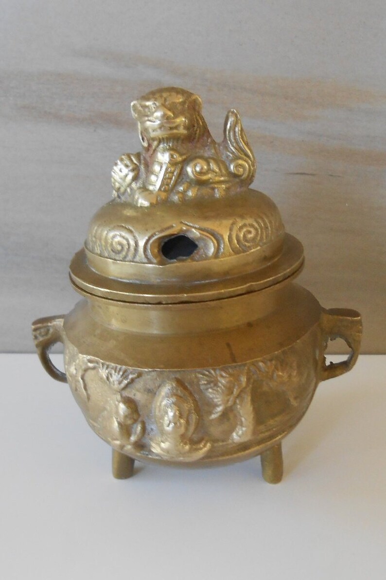 Vintage Engrave Brass Incense Burner with Foo Dog,Footed Brass Incense Burner Heavy brass Incense Holder,Potpourri Scents Pot,4Tall