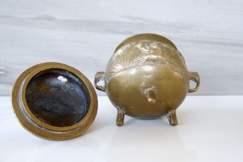Vintage Engrave Brass Incense Burner with Foo Dog,Footed Brass Incense Burner Heavy brass Incense Holder,Potpourri Scents Pot,4Tall