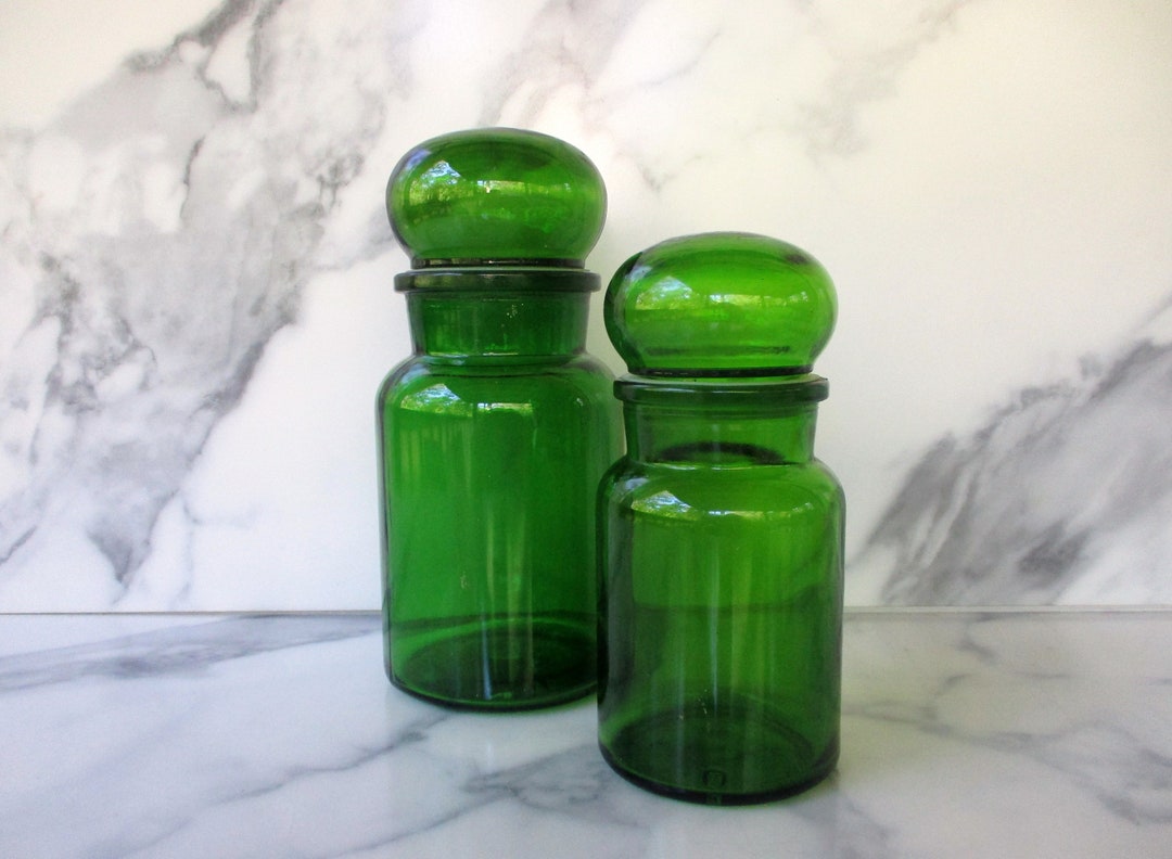 Vintage 6.75and 9 T Green Glass Container With Bubble Lid, Glass