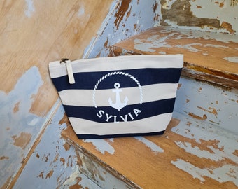 Maritime Toiletry Bag I Personalized Cosmetic Bag | blue and white striped wash bag | Gift idea I anchor motif and name