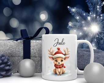 Personalized cup with a sweet Christmas reindeer motif and desired name