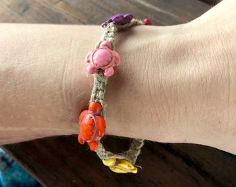 Handmade Hemp Bracelet w Multicolor Turtle Beads