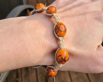 Handmade Macrame Bracelet w Orange Glass Beads