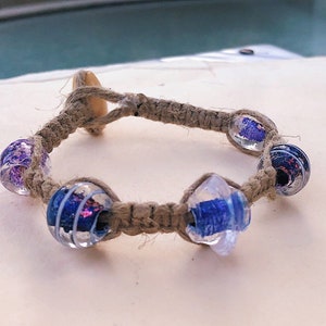 Handmade Hippie  Bracelet w Purple/Blue glass Beads