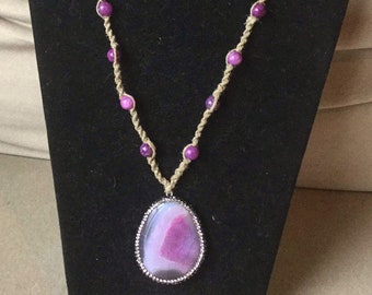 Hippie handmade purple beaded hemp neckalce w geode pendant