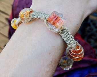 Red/Yellow/Orange Hemp Bracelet w Glass Beads