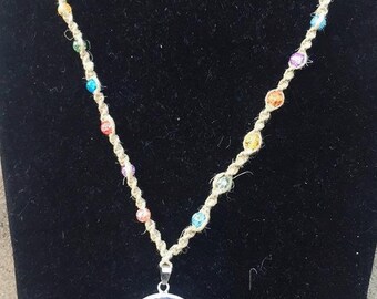 Fashion Braided Hemp Necklace with Multicolor Crackle Beads/Ohm Pendant