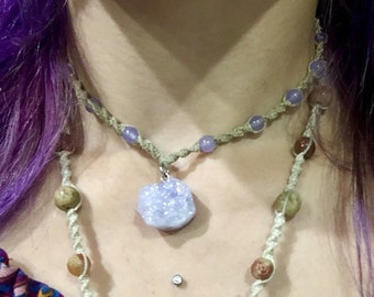 Purple Beaded Hippie Hemp Necklace w Crystal Pendant