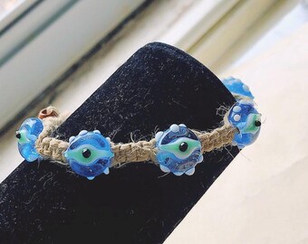 Hippie Hemp Bracelet w Blue/Green Eye Beads