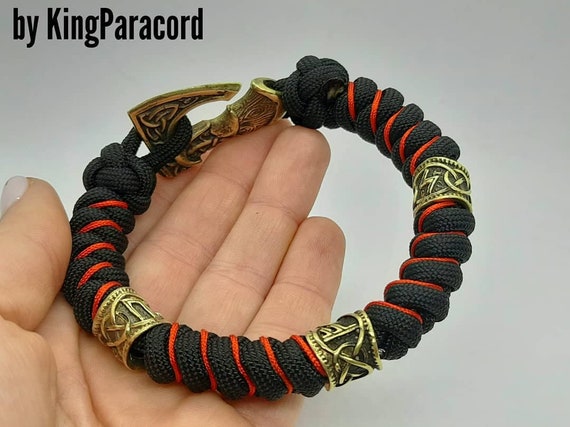 Paracord Scandinavian Bracelet With Runes and Ax Clasp, Bronze