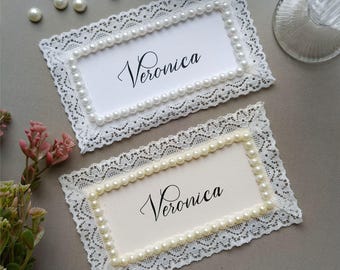 Personalized Lace Pearl Place Cards | Wedding, Bridal Shower, Quinceañera Table Setting