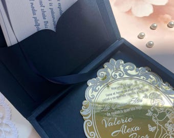 Gold Mirror Acrylic & Navy Blue Invitation Box | Quinceañera Invite Suite 2026 Bilingual Printed