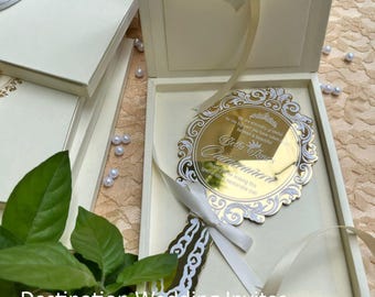Ivory Invitation Box with Gold Foil Monogram | Mirror Acrylic Invitation Suite, Luxury Wedding or Quinceañera Box Invite 5x7