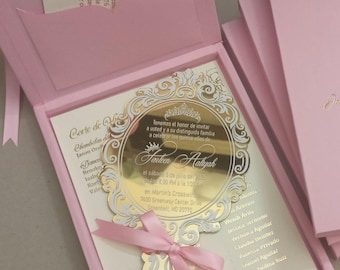 Personalized Pink Quinceañera Invitation | Rose Gold Acrylic & Box Invites | Unique Fairytale Princess Theme