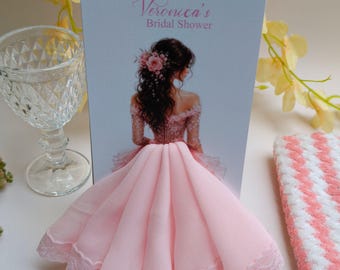 Bridal Shower Fabric Skirt Place Cards | Custom Calligraphy Name Tags, Modern Printed Stand