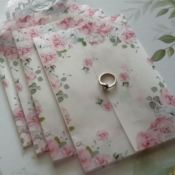 Pink Flower Vellum Jacket for 5x7 Wedding Invitation, Quinceanera Vellum Wrap Invites