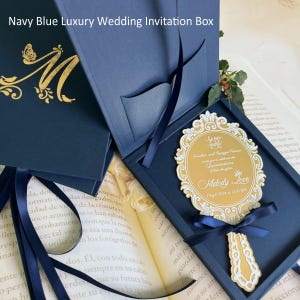 Navy Blue and Gold Acrylic Quinceañera Invitation Boxes | Luxury Masquerade Ball Sweet 15 & Royal Hispanic Quince Suite