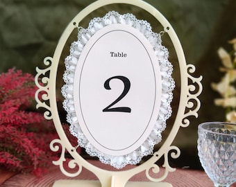 Lace Oval Wedding Table Numbers with Acrylic Holders, Romantic Vintage Reception Decor