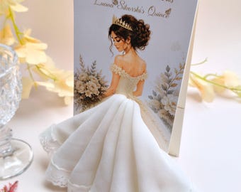 Ivory Quinceañera Thank You Card with 3D Fabric Dress | Personalized Wedding Place Card | Bridal Shower Favor | Custom Calligraphy Name Card