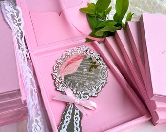 Blush Pink Gold Mirror Acrylic Invitation Box | Sweet 16, Quinceañera, Fairytale Invite Suite