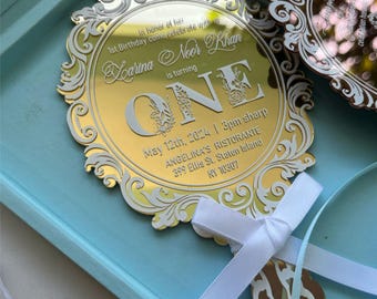 Gold Mirror Acrylic Quinceañera Invitation with Powder Blue Box, Sweet 16 & Mis Quince Años