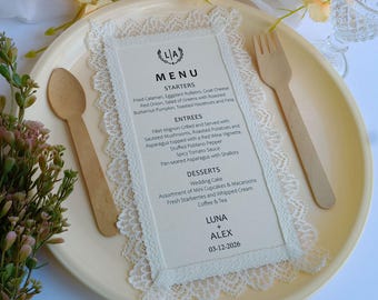 Personalized Lace Menu Cards Wedding | Elegant Reception Dinner Menu Card | Custom Guest Place Setting