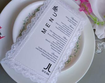 Personalized Lace Menu Cards with Guest Names to Romantic Wedding Reception | Elegant Vintage Decor