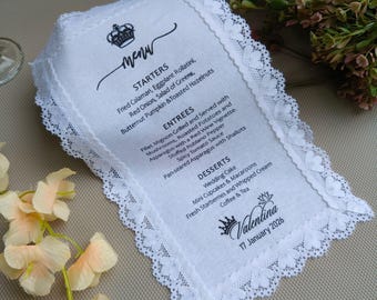 Luxury Lace Fabric Wedding Menu | White Linen Menu with Lace Trim & Black Print | Romantic French Country Wedding Decor
