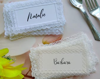 Lace Place Cards with Calligraphy Names | Elegant Wedding Bridal Table Decor