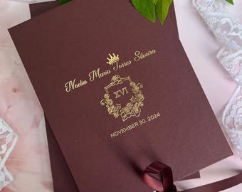 Burgundy Invitation Box with Gold Foil Monogram | Luxury Wedding & Quinceañera 2026