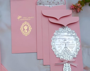 Silver Mirror Acrylic Invitations with Blush Pink Envelopes | Luxury Quinceañera, Sweet 16 & Milestone Birthday Invite Set