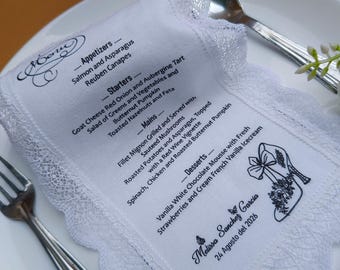 Romantic Lace Fabric Menus | White Linen Wedding Menu Cards | Quinceañera & Bridal Shower Reception Decor