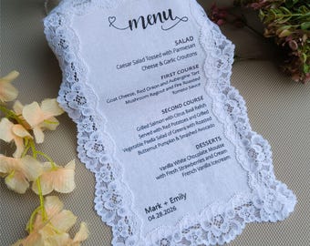 Elegant Linen Wedding Menu with Lace Trim, Birthday & Quinceañera Fabric Menu, Bridal Shower Menu Card