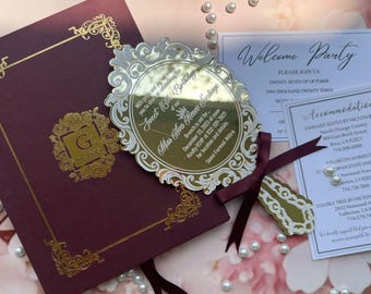 Burgundy Boxes & Gold Mirrored Quinceañera Invitation | Luxury Wedding Suite with Bilingual Printing