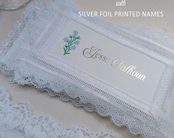 Personalized Silver Foil Place Cards | Lace Trim Wedding, Birthday, Quinceañera Decorations